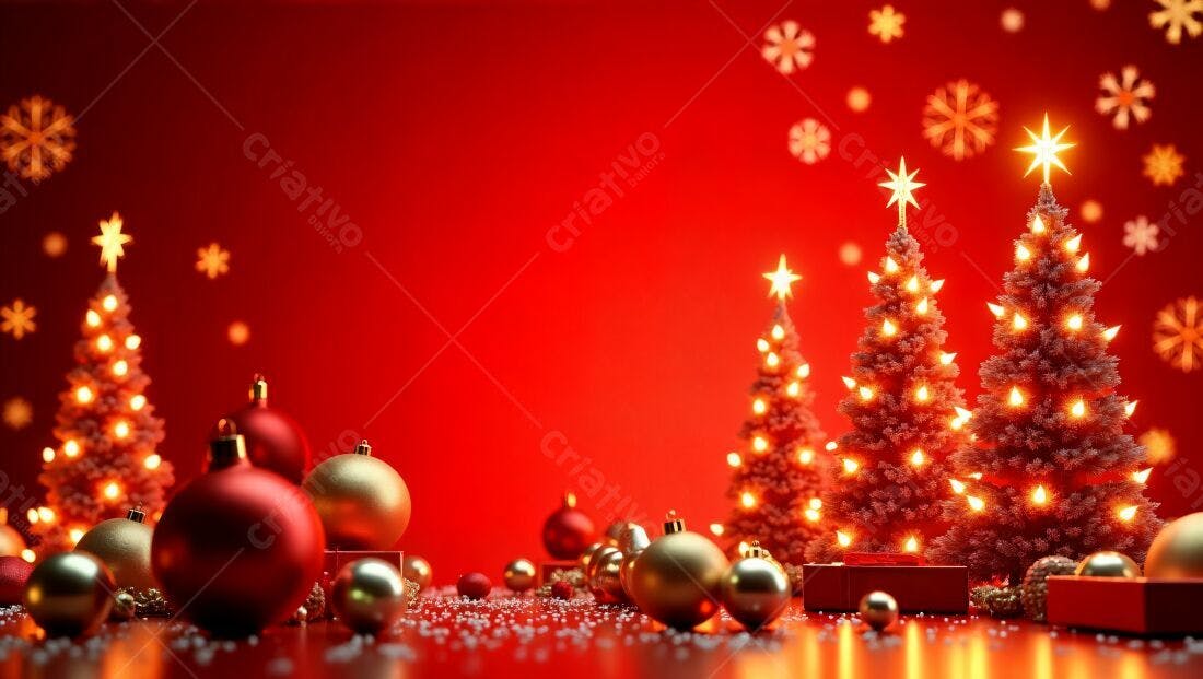 Árvore de Natal iluminada decoração vermelha
