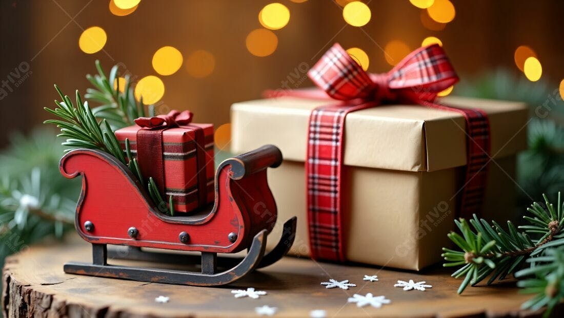 Trenó vermelho com presentes de Natal