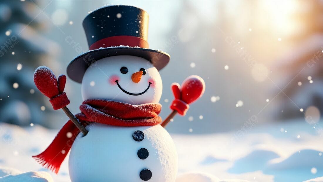 Boneco de neve alegre em dia de neve