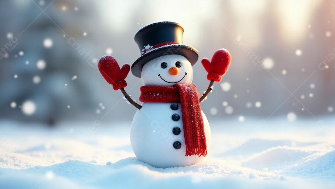 Boneco de neve alegre com chapéu e luvas vermelhas