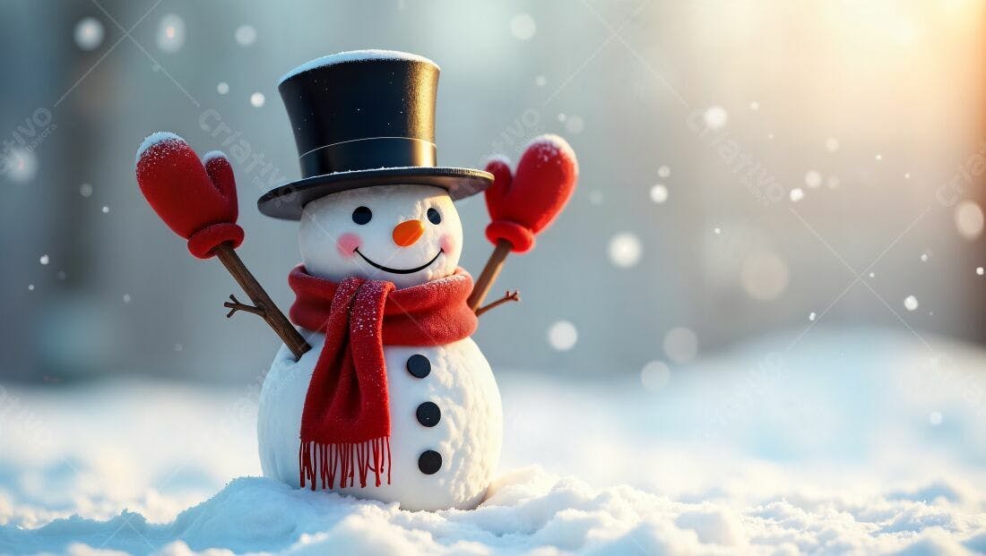 Boneco de neve alegre com chapéu e luvas vermelhas