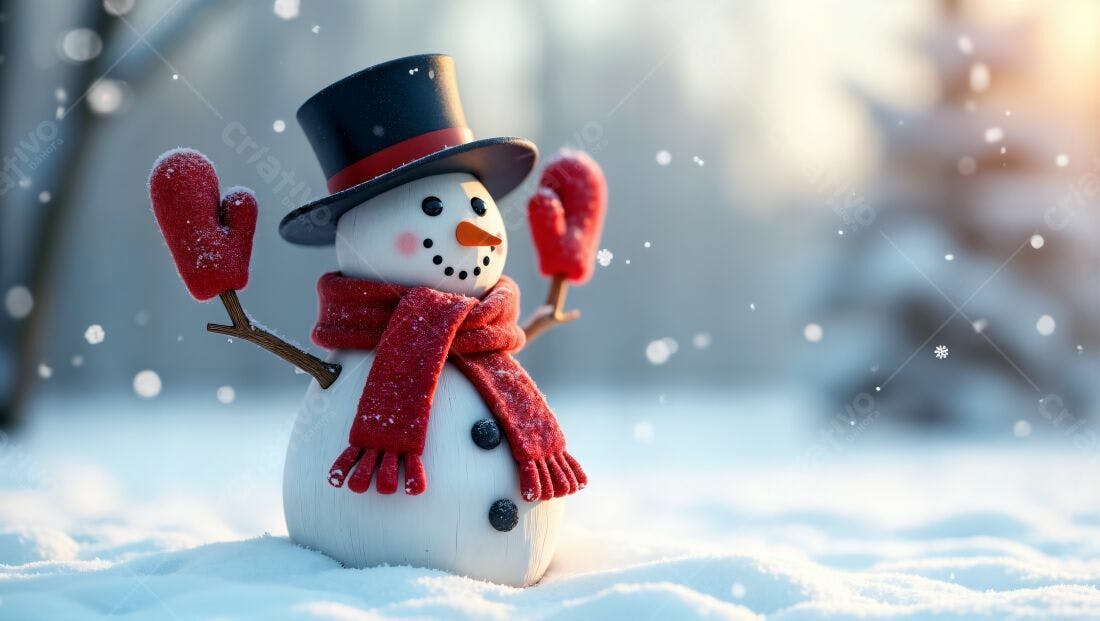 Boneco de neve com chapéu e luvas vermelhas na neve