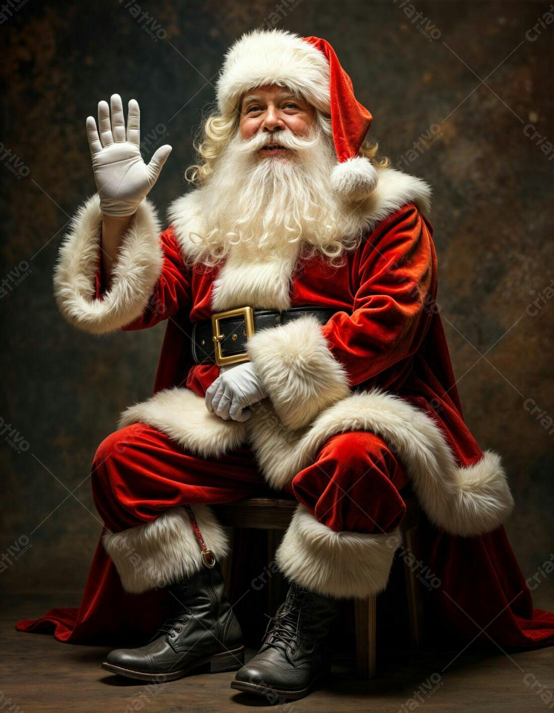 Papai Noel sorrindo e acenando para as festas
