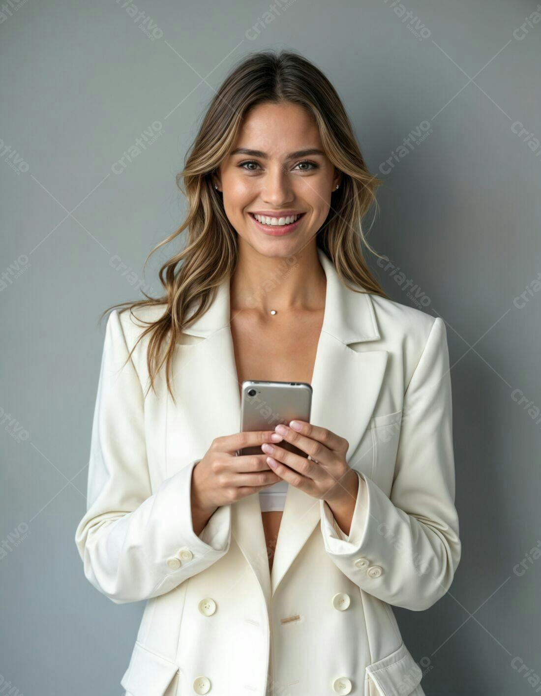 Mulher sorridente usando celular em blazer branco