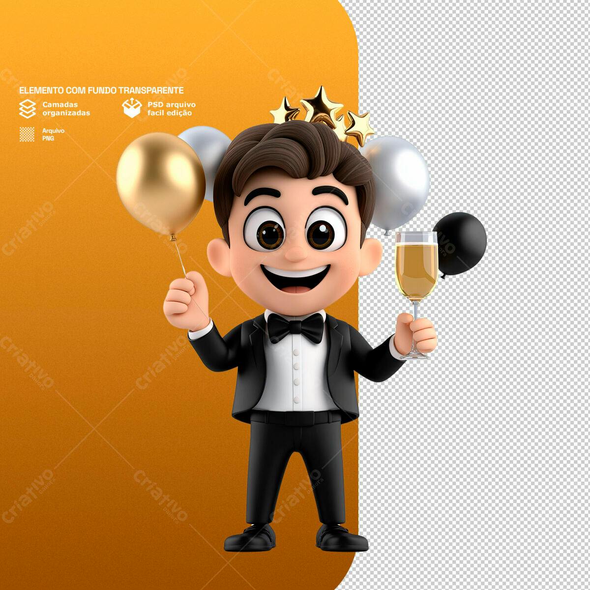 Personagem Animado Festa de Ano Novo PSD Editável