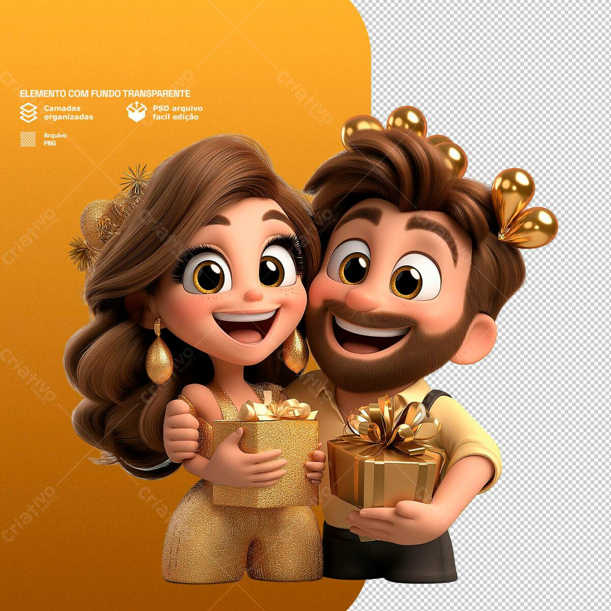 Ilustração de Casal Romântico com Presentes PSD Editável