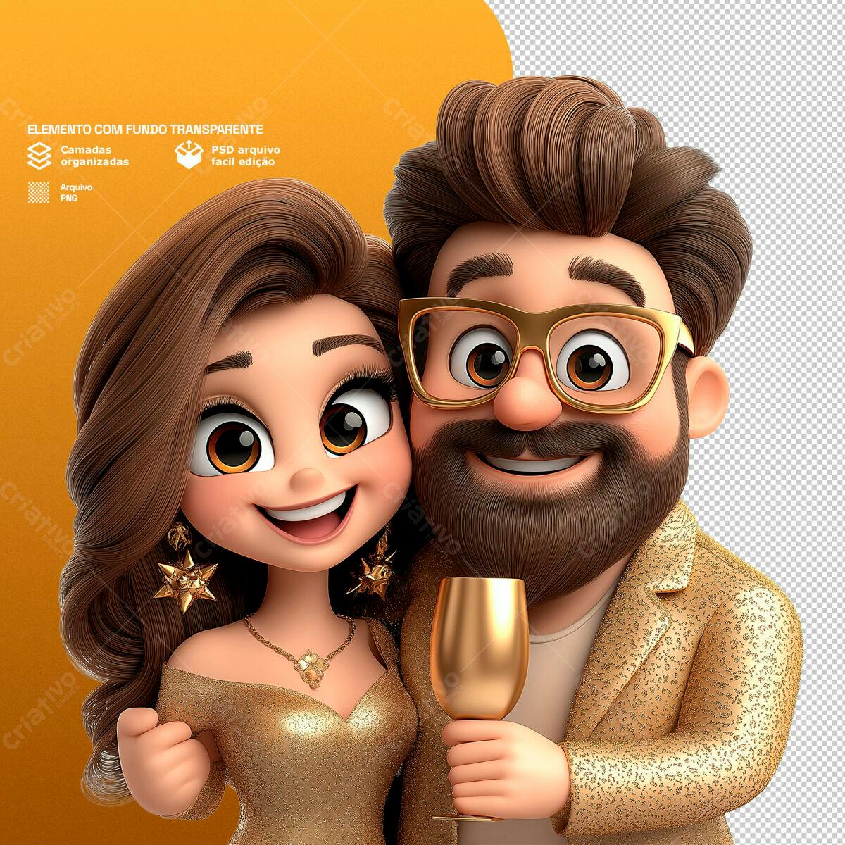 Ilustração de Casal Romântico em Ouro PSD Editável