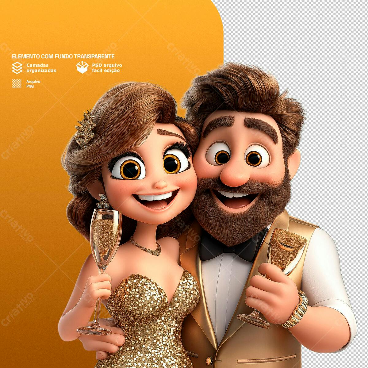 Ilustração Casal Ano Novo PSD Editável