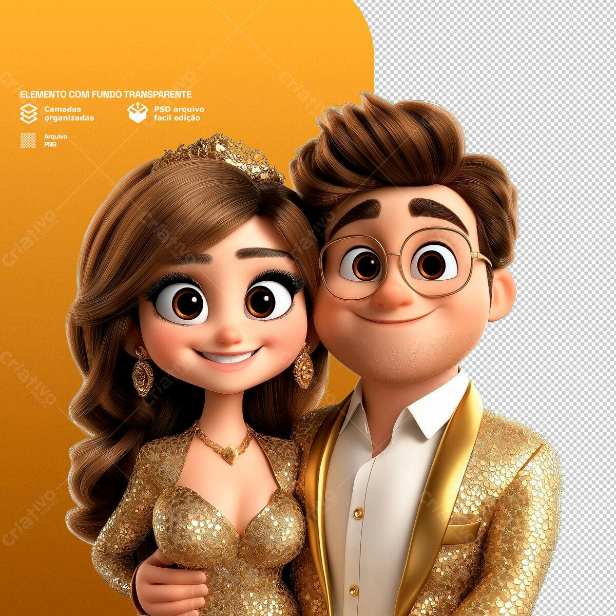 PSD Casal Desenho Animado Dourado para Convites de Casamento PSD Editável