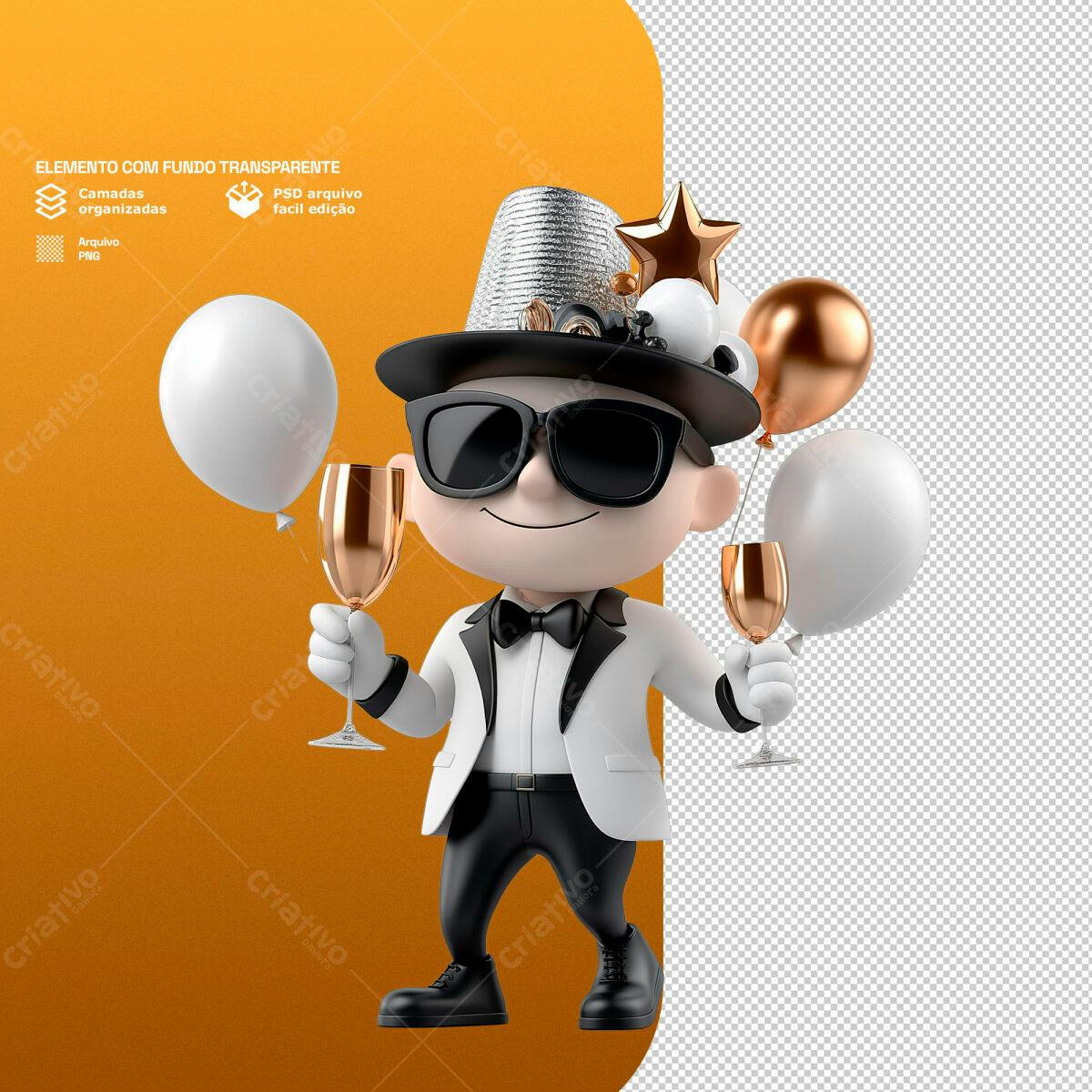PSD Personagem de Ano Novo para Festa PSD Editável