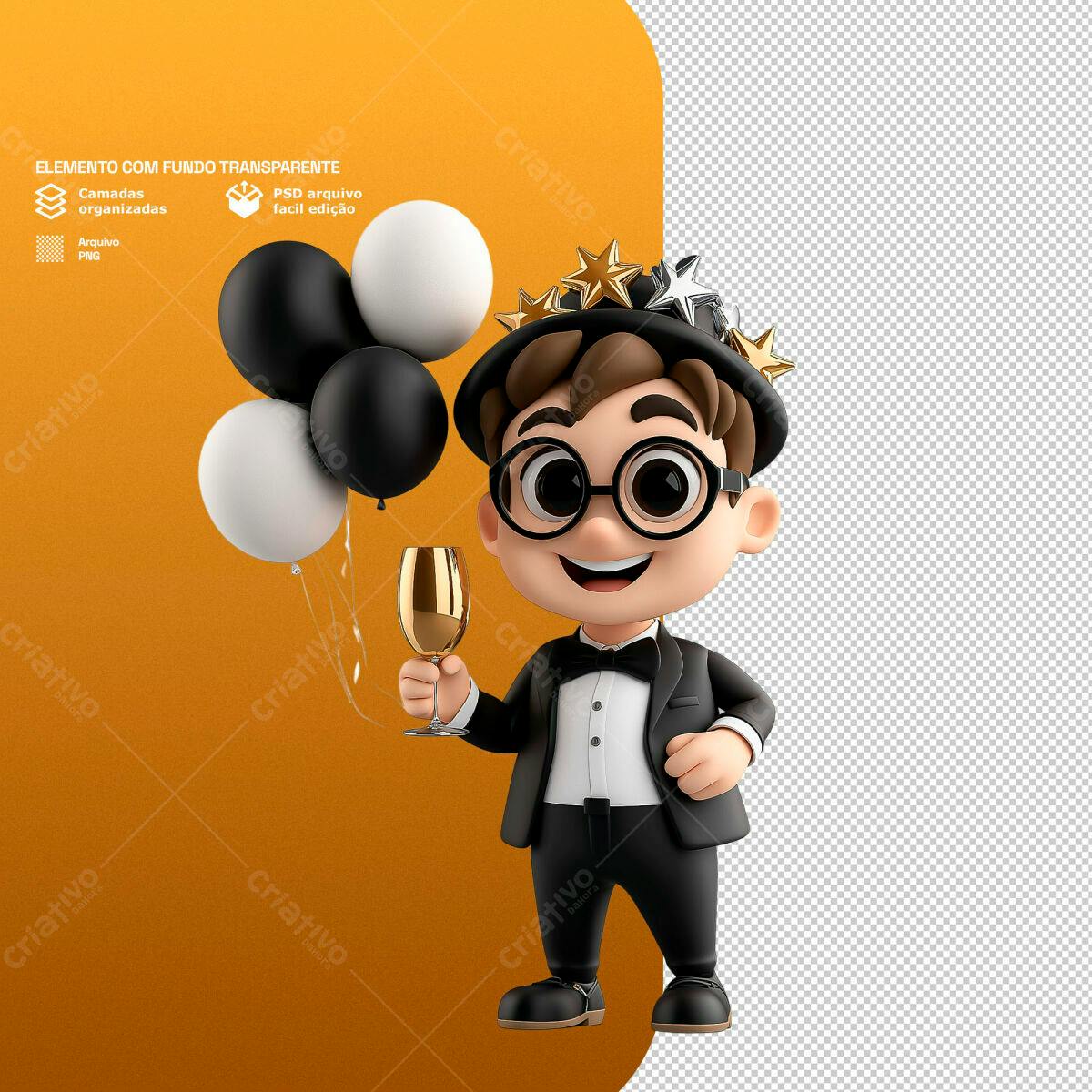PSD Personagem de Ano Novo para Convite Festa PSD Editável
