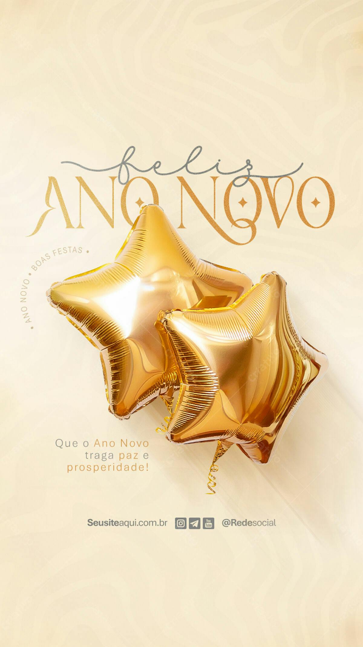 Flyer Feliz Ano Novo com Balões Dourados PSD Editável