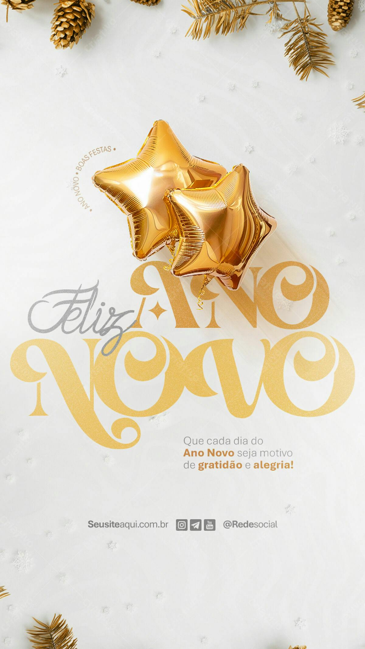 Flyer Feliz Ano Novo com Balões Dourados PSD Editável