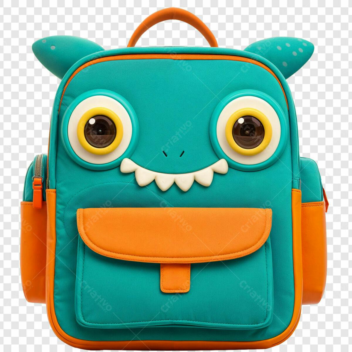 Mochila Infantil Monstro Verde e Laranja PSD Editável