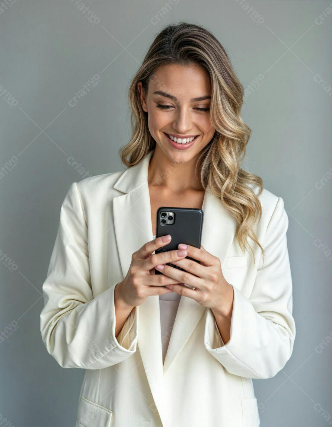 Mulher sorridente usando smartphone fundo neutro