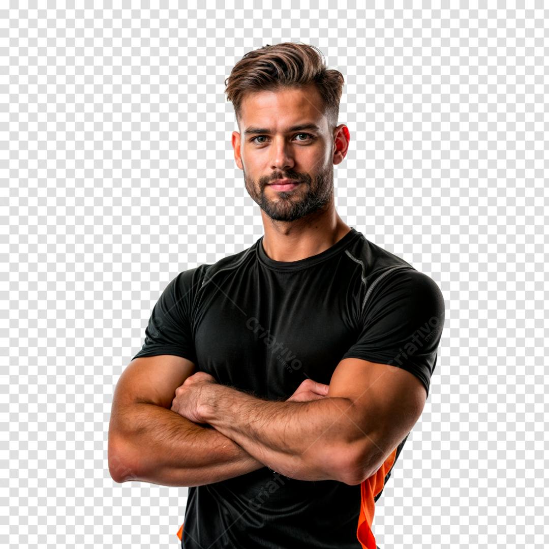 Homem musculoso com braços cruzados fundo branco