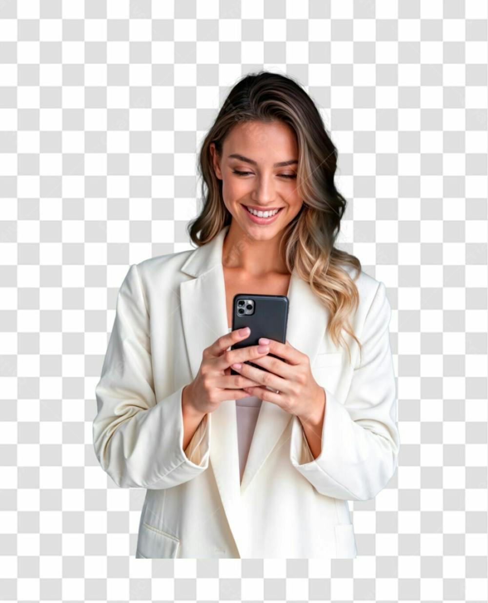 Mulher Sorridente Olhando E Usando Smartphone De Frente Com Roupa Look Elegante Na Cor Branca