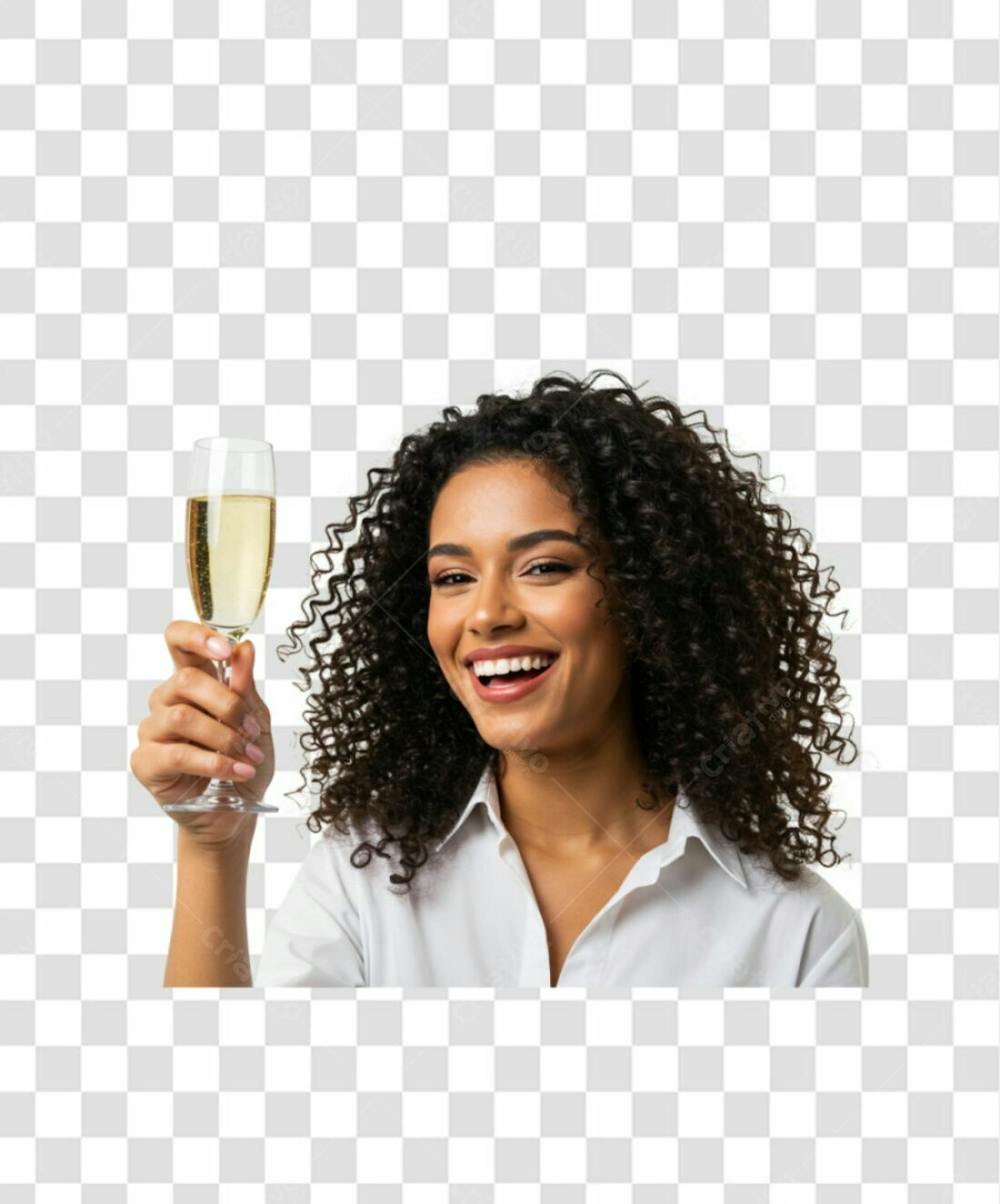 Mulher Feliz Cacheada E Roupa Branca Segurando Taça De Champanhe Png Transparente