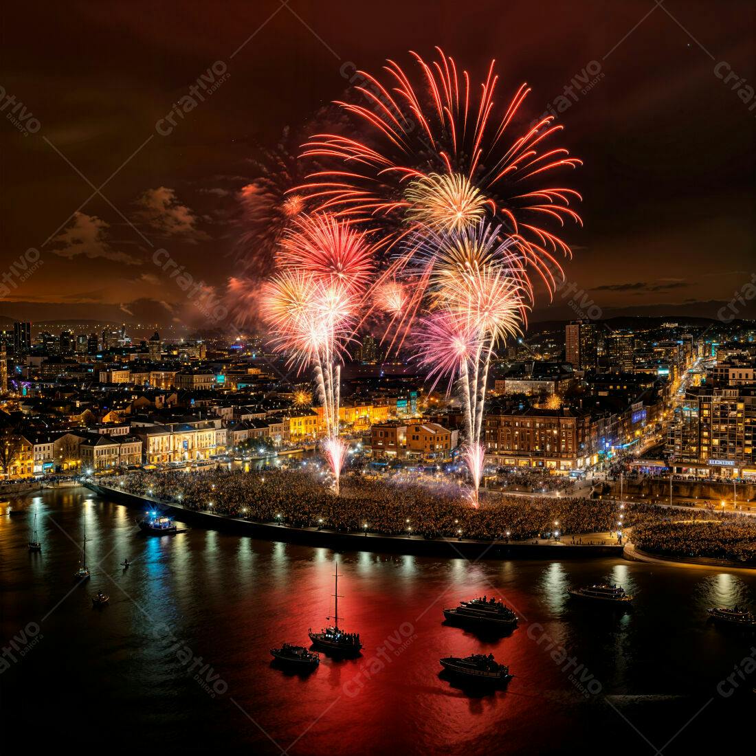 Fogos de artifício sobre cidade noturna