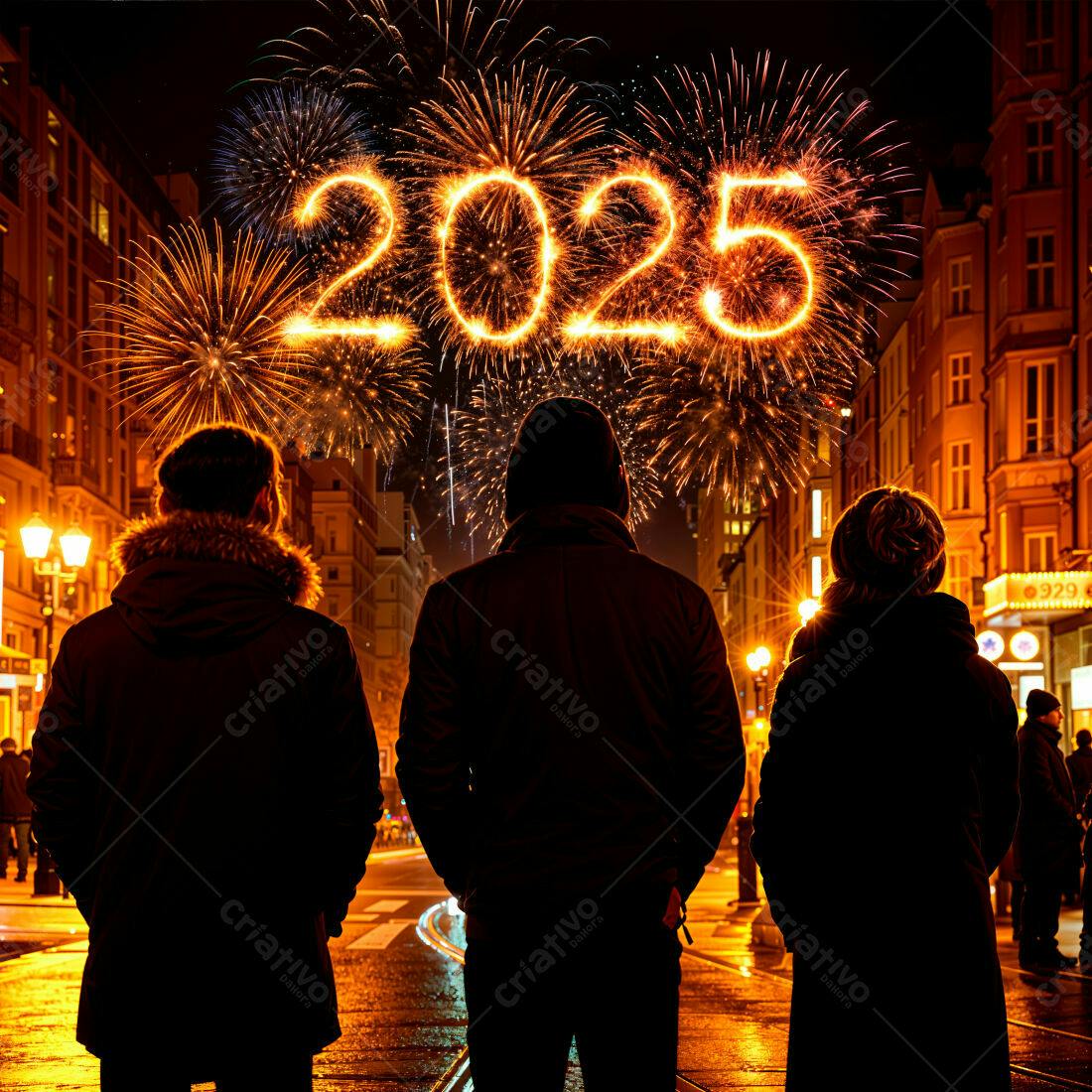 Três amigos observam fogos 2025