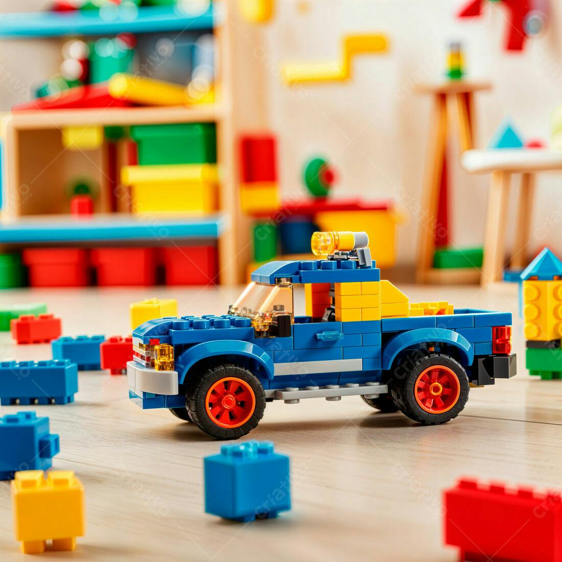 Caminhão de brinquedo azul e amarelo em quarto infantil