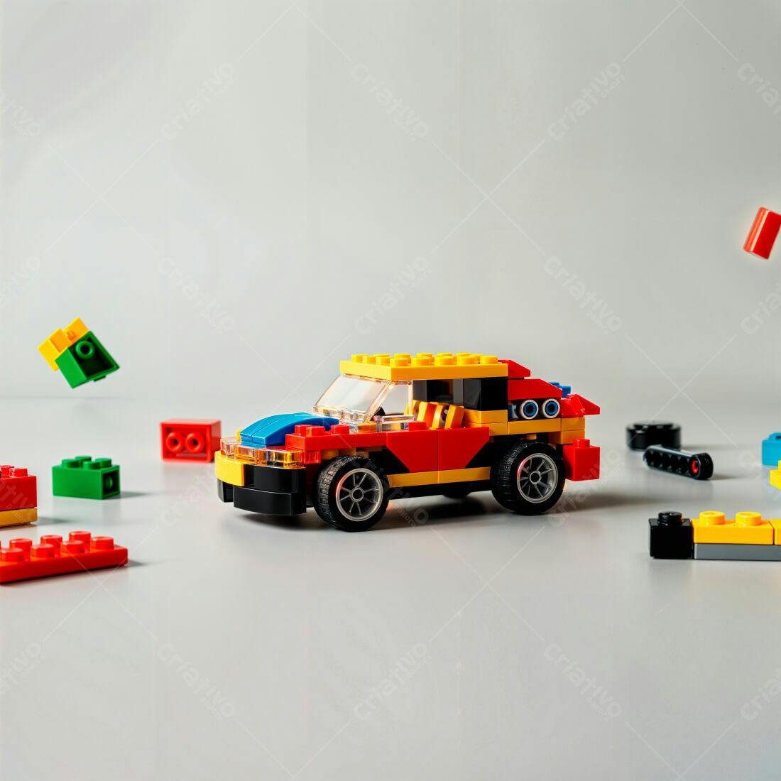 Carrinho de Lego vermelho amarelo e azul em fundo cinza
