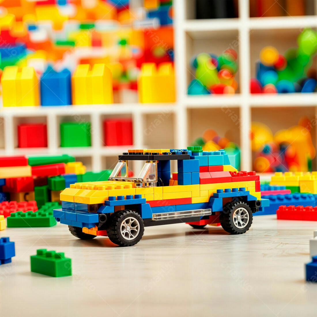 Carrinho de blocos coloridos em sala de brinquedos