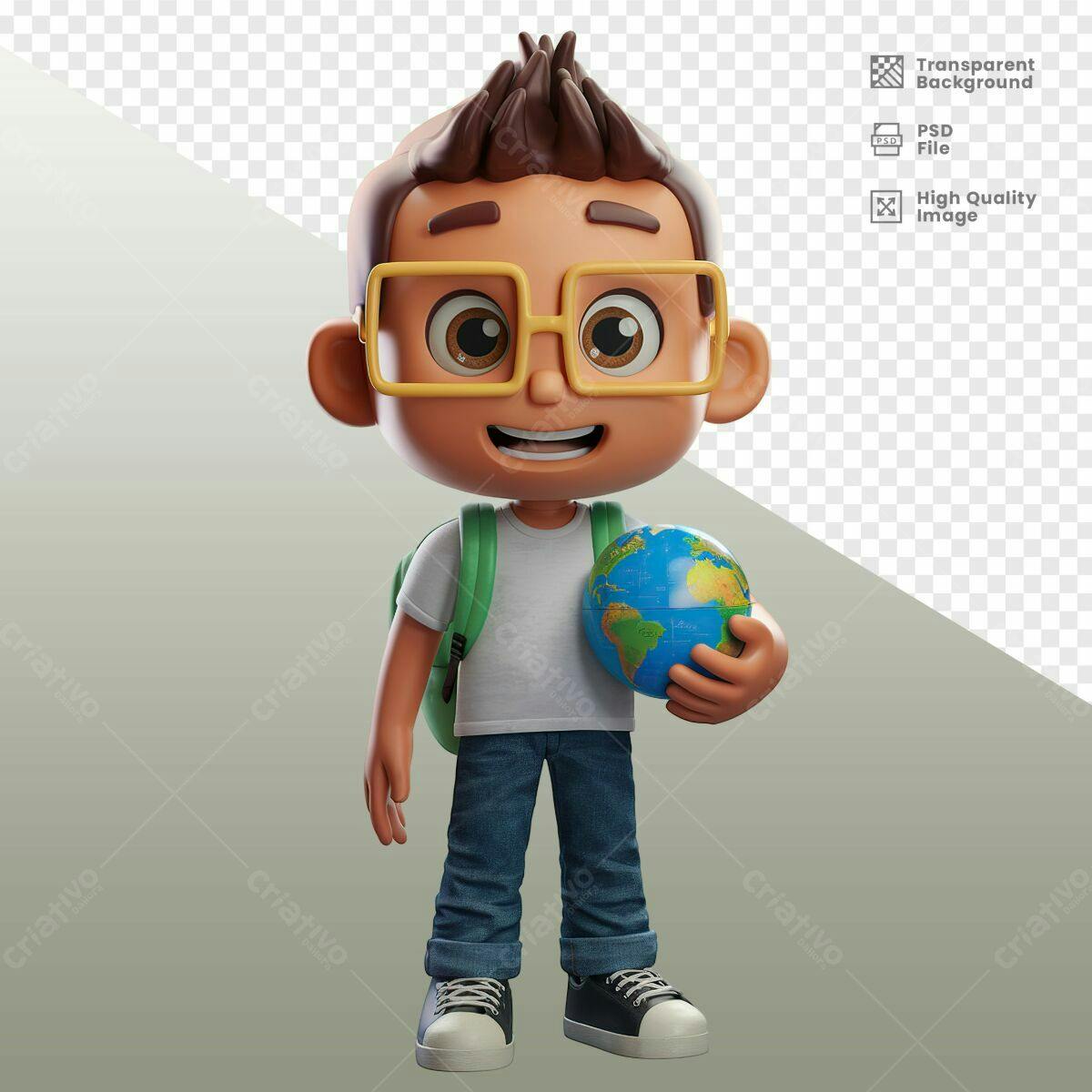 Personagem Cartoon Menino com Globo Terrestre PSD Editável