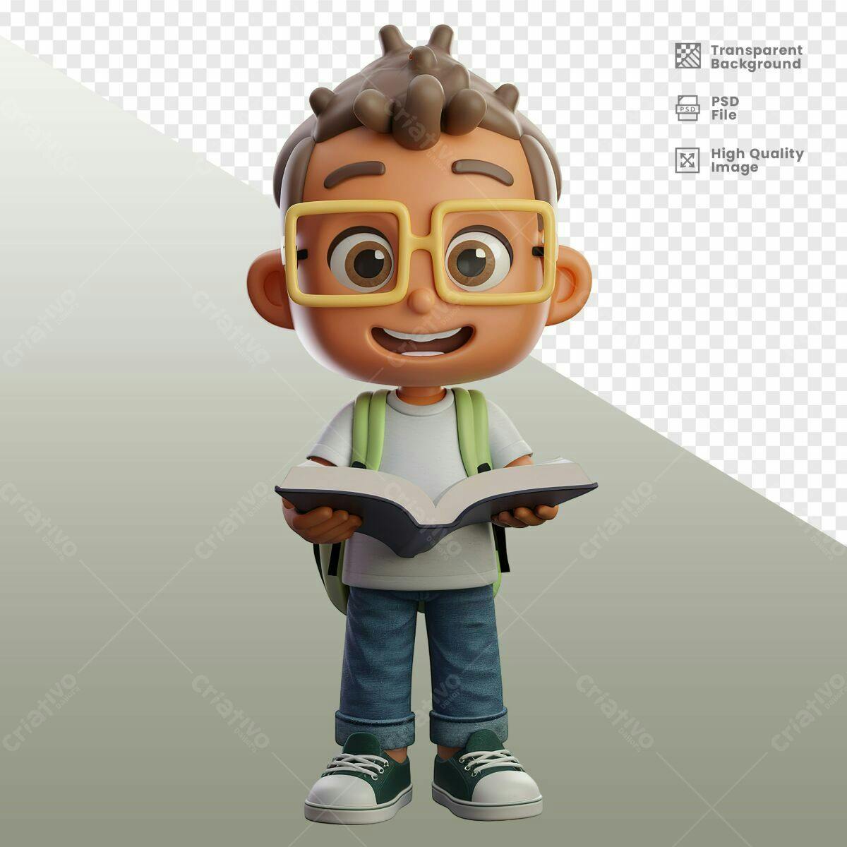 Personagem Cartoon Menino Lendo Livro PSD Editável
