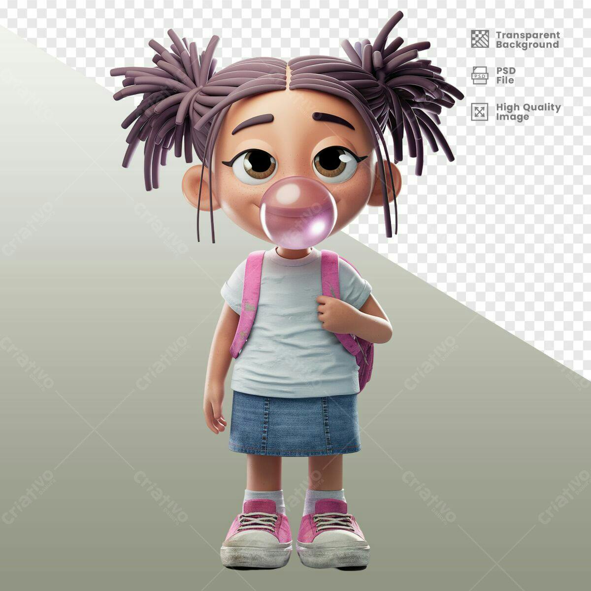 Personagem Cartoon Menina com Balão de Chiclete PSD Editável