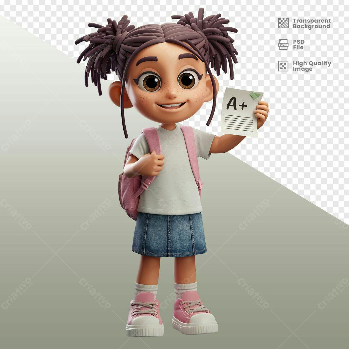 Personagem Cartoon Menina com Nota A+ PSD Editável