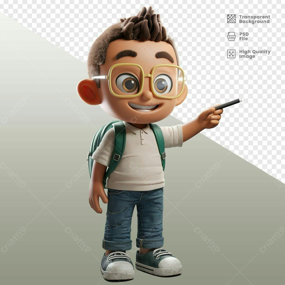 Personagem Cartoon Aluno para Apresentação PSD Editável