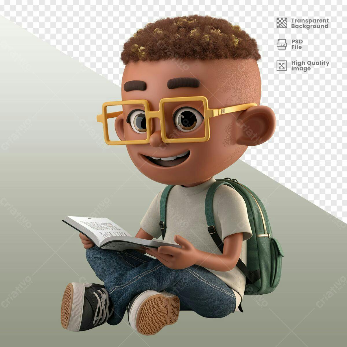 Personagem 3D Menino Lendo Livro PSD Editável