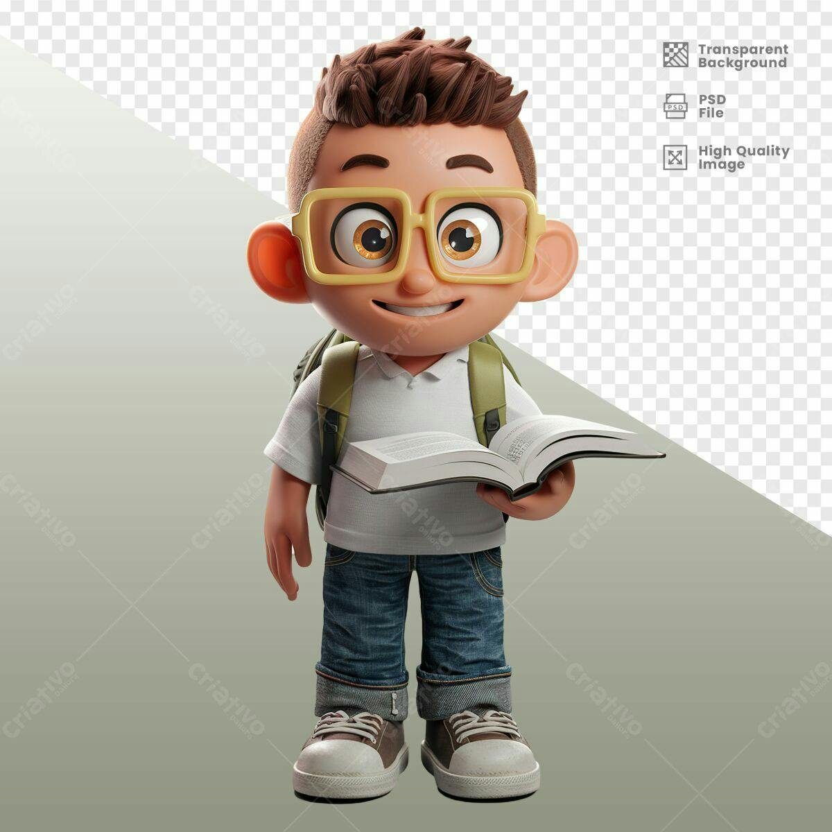 Personagem Cartoon Aluno com Livro PSD Editável