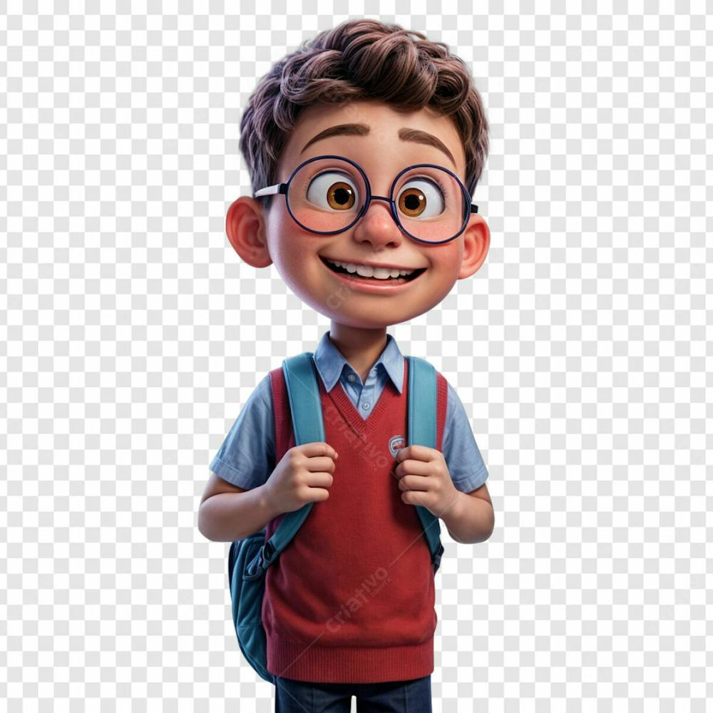 Aluno 3D Estilo Pixar De Uniforme Vermelho E Mochila Nas Costas