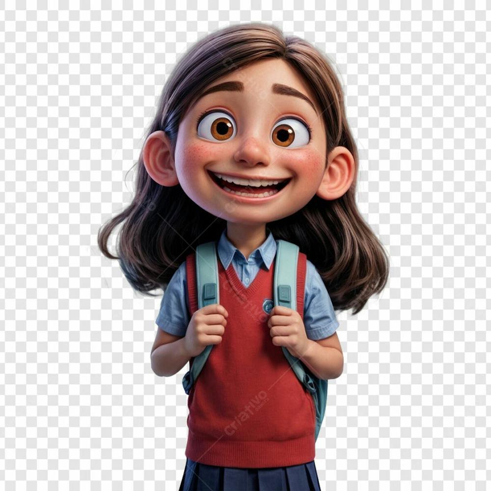 Aluna 3D Estilo Pixar De Uniforme Vermelho E Mochila Nas Costas