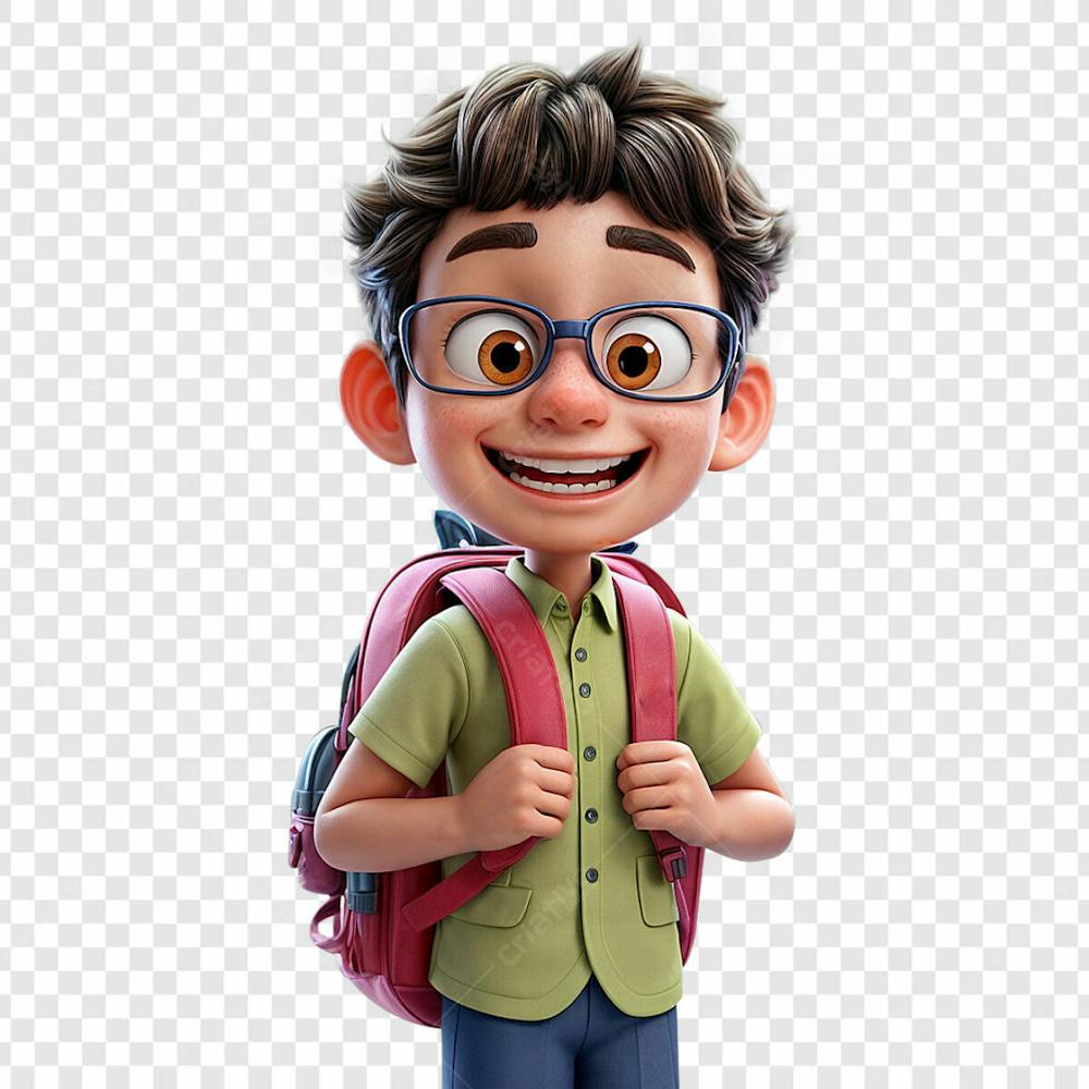 Aluno 3D Estilo Pixar De Uniforme Verde E Mochila Vermelha Nas Costas