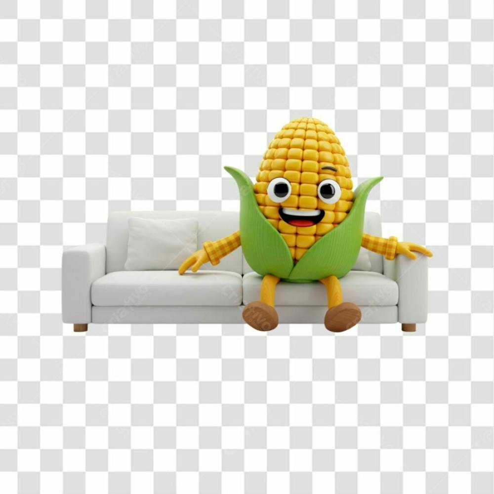 Mascote 3D Milho Amarelo Sorridente Sentado Em Um Sofá Png Transparente