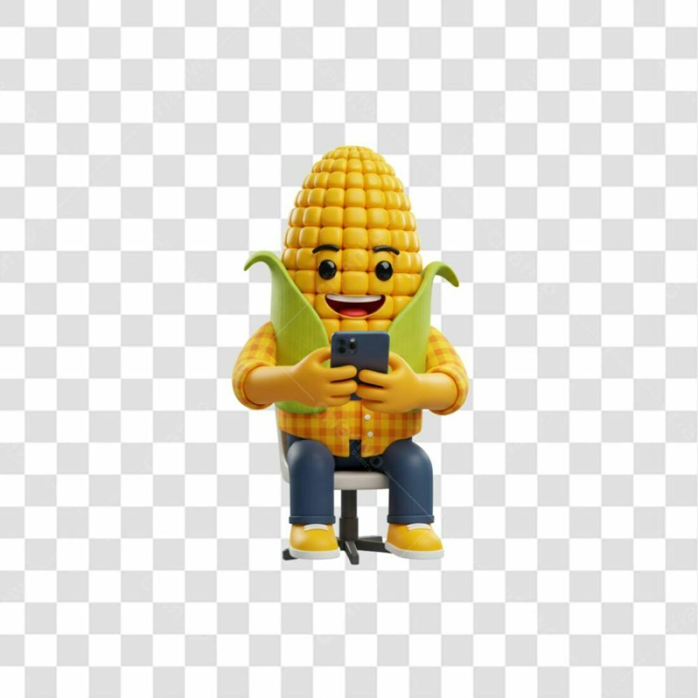 Mascote 3D Milho Amarelo Sorridente Sentado Em Uma Cadeira Mexendo No Celular Png Transparente