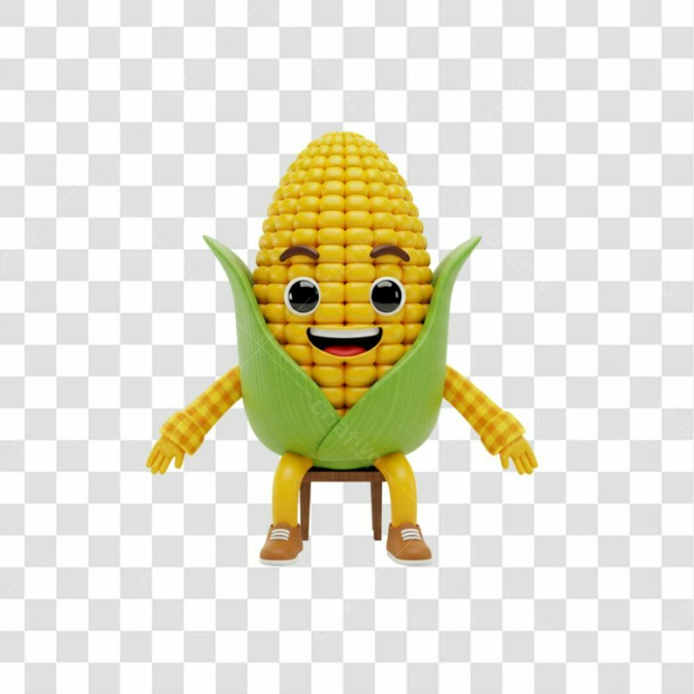 Mascote 3D Milho Amarelo Sorridente Sentado Em Uma Cadeira Png Transparente