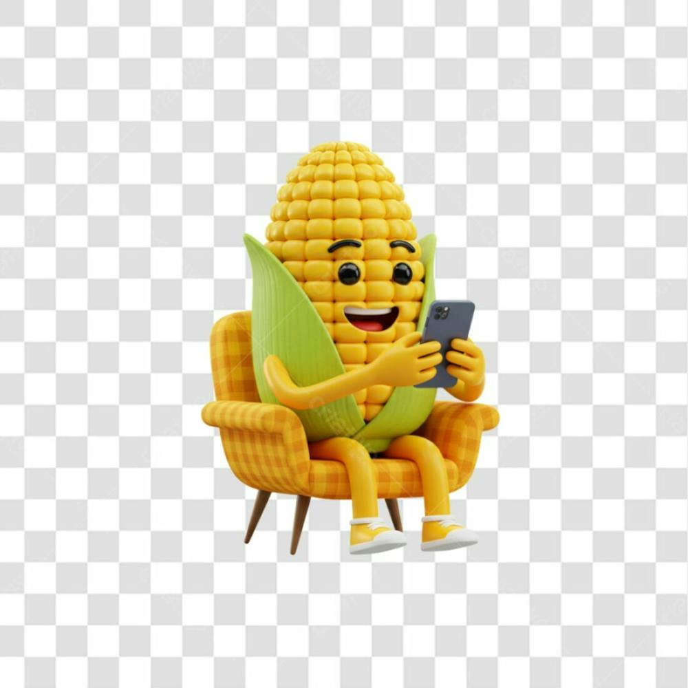 Mascote 3D Milho Amarelo Sorridente Sentado Em Uma Poltrona Mexendo No Celular Png Transparente