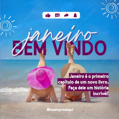 Post Instagram Boas Vindas Janeiro na Praia Editável no Canva