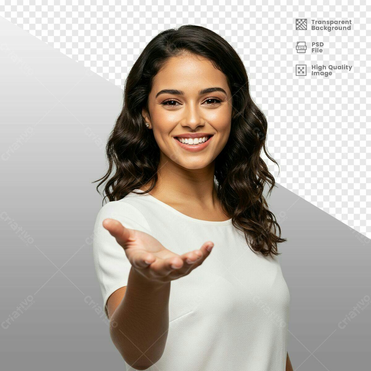 Imagem de Mulher Sorrindo com Mão Aberta PSD Editável