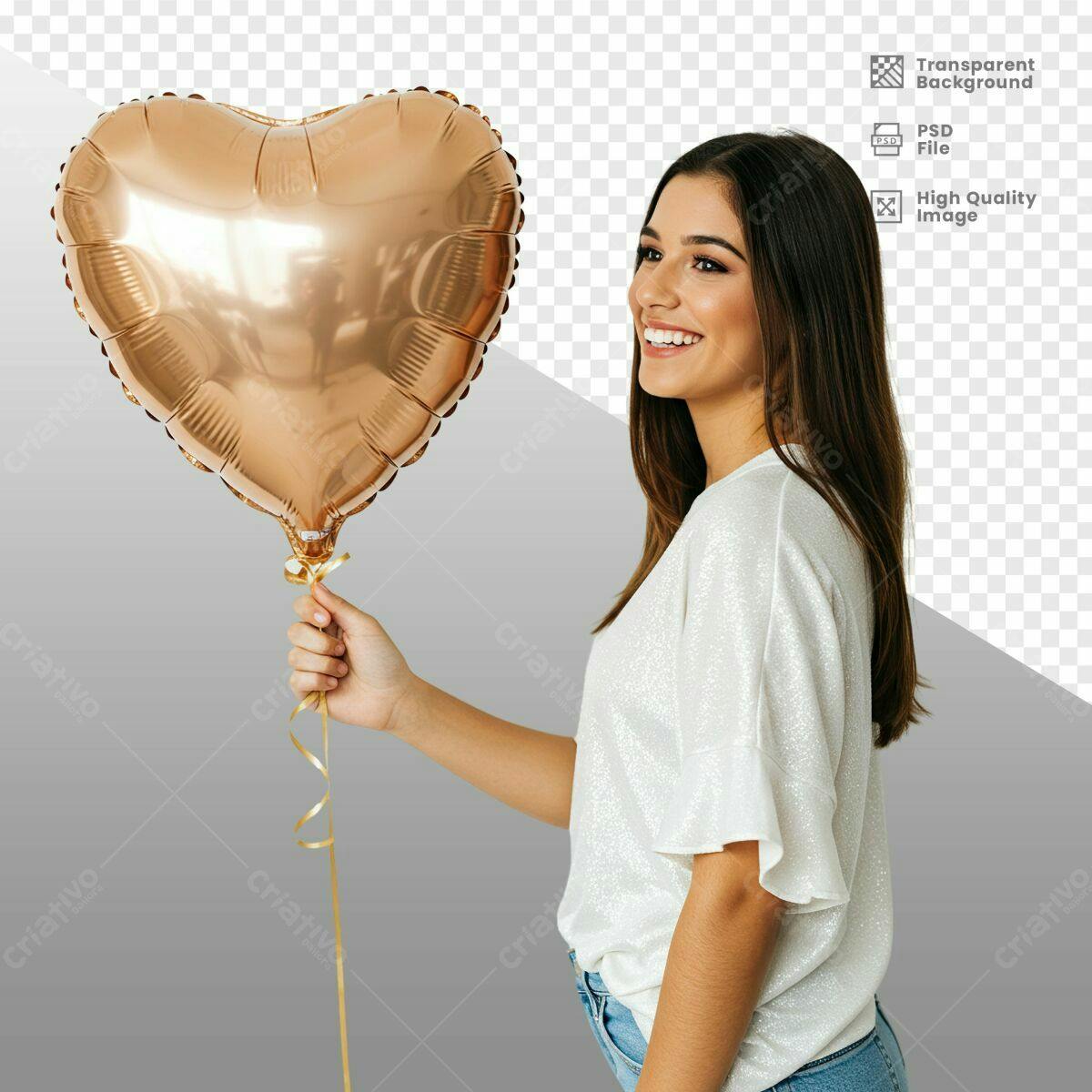 PSD Balão em Formato de Coração Dourado para Dia dos Namorados Editável