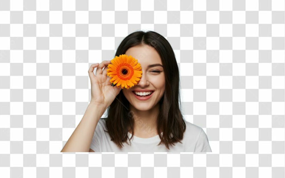 Mulher Branca Sorridente Com Uma Flor Laranja Na Mão Cabelo Liso Png Transparente