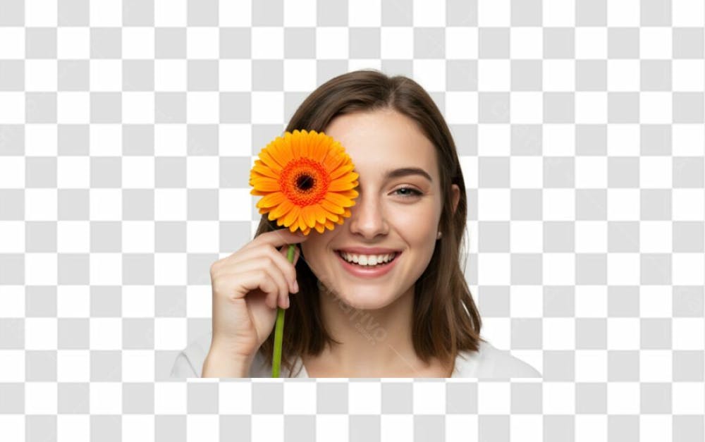 Mulher Branca Sorridente Com Uma Flor Laranja Na Mão Cabelo Liso Png Transparente