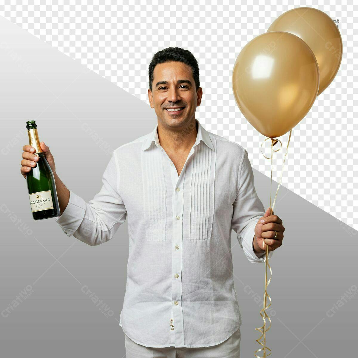 PSD para Celebração com Champanhe e Balões Dourados Editável