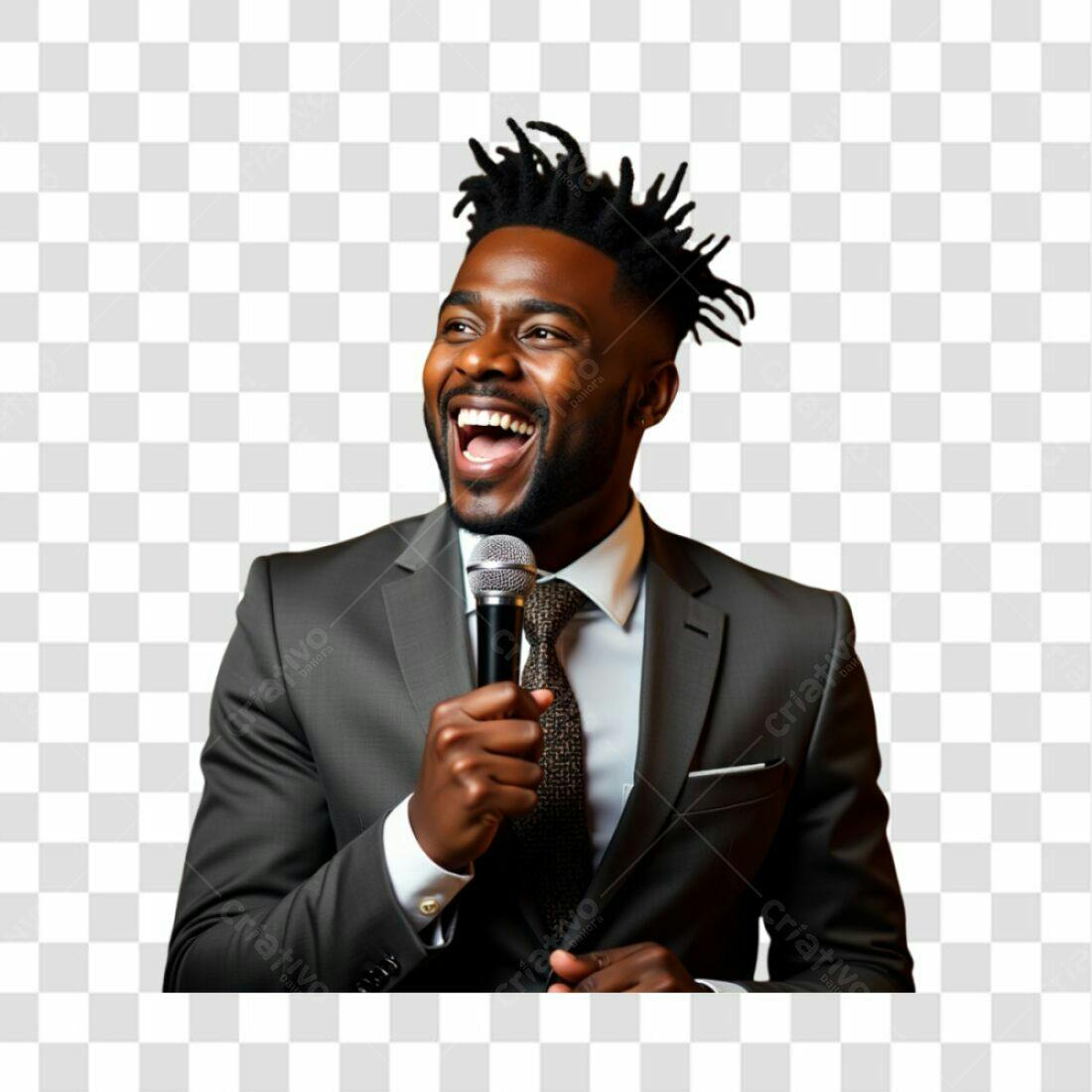 Imagem PNG Homem Afrodescendente falando ao microfone com fundo transparente
