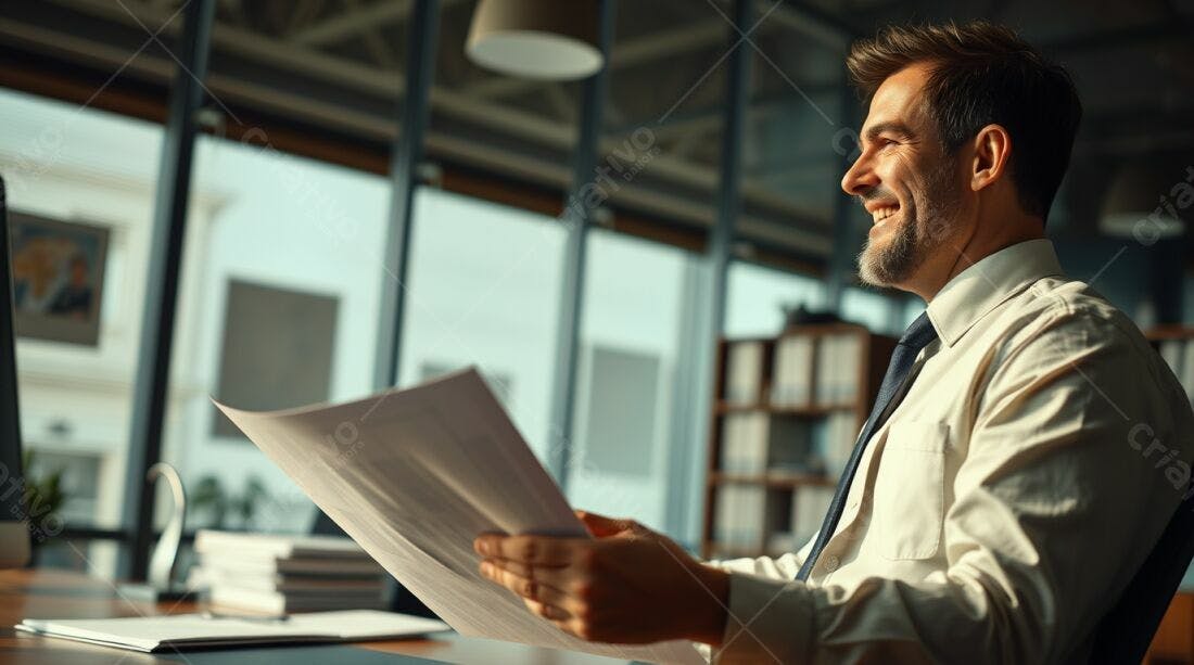 Homem de negócios feliz revisando documentos