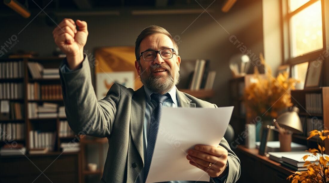 Homem de Negócios Celebrando Sucesso Escritório